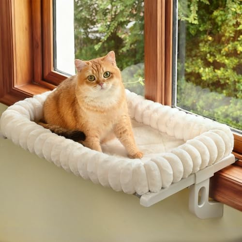 Zoratoo Cloud-Cuddle Cat Window Perch with 4-Sided Bolster, Zipper Design Cushion Window Seat for Window Sill, Sturdy Metal Frame & Easy Assembly Pet Hammock Bed for Indoor Cats (White, Large)