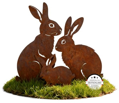EXTRAVAGANT® Gartenstecker Hasen Familie 3er Set Edelrost Gartendeko Metall wetterfest Rostdeko Osterdeko Handmade Geschenkidee