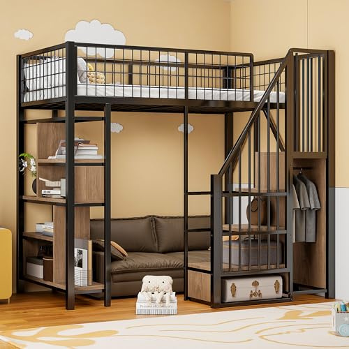 ZKLOEP Multifunktionales Hochbett 90x200cm, Metallbett mit Stauraum, Ablageflächen und Treppe, Erwachsenenbett und Kinderbett, Schwarz