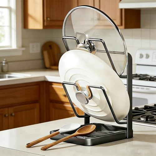 Porte Couvercle Cuisine, Support de Rangement pour Couvercle de Casserole de Cuisine Avec Repose Cuillère, Support Couvercle Casserole avec Bac D'égouttage, Porte Cuillere Cuisines (Gris-2 couches)