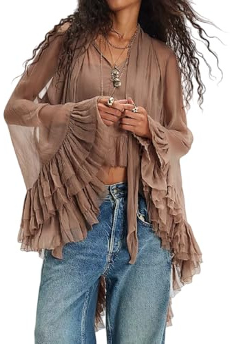 Women Full Sleeve Frill Tops Sexy See Through Sheer Ruffle Trim Blouse Tops Self Tie Neck Shawl Shirts Top(Brown,L)