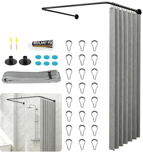 Duschvorhangstange U Form Ohne Bohren Verstellbar 80-120 cm | Komplettset mit 3x2m Duschvorhang, stabiler U-Form Stange und Montagezubehör für Badewanne, Badezimmer und Nassbereiche