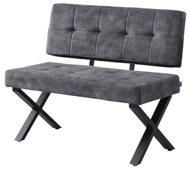 B&D home Sitzbank Karen 100cm – gepolsterte Esszimmerbank mit Rückenlehne, X-Metallgestell schwarz, Webstoff/Microfaser in Anthrazit, modern Industrial Design für Esszimmer, Küche & Flur