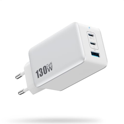 130W Caricatore USB C Rapido【Mini & Potente】GaN IV Alimentatore con 3 Porte, PD PPS QC Presa USB Multiplo 65W Caricabatterie USB C da Muro per MacBook Pro/Air, iPhone 17/16/15/14, i-Pad Galaxy(Bianco)