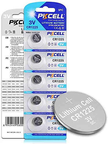 PKCELL CR1225 3V Lithium Battery CR 1225 3V Button Batteries for Thermometer 5-Year Shelf Life (5 Count-CR1225)