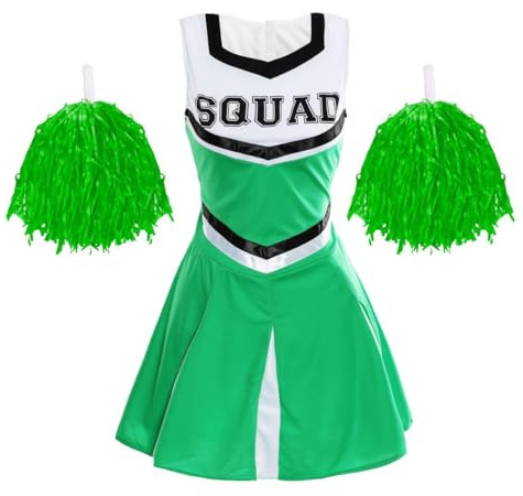 Cheerleader-kostym för damer med pom-poms – damers högskola amerikansk stil fin klänning festkläder (grön – UK 4–6)