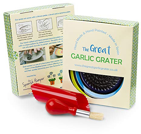 Garlic Grater Plate Set with Brush and Peeler. (#Ref 19). Handmade and Hand Painted in Cordoba, Spain. Dispatched from The UK. Black with Green and Blue Rim Circles.