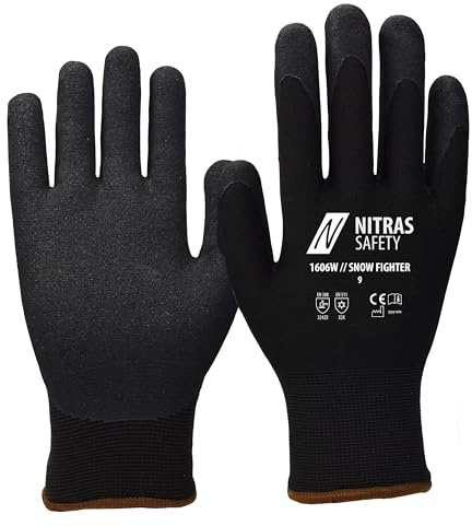 Nitras 12 Paar Snow Fighter Winterhandschuhe 1606W, gesandete Nitrilbeschichtung, Größe:9 (L) | Kälteschutzhandschuhe mit Terry-Schlingengewebe | EN 388 & EN 511 Norm | Rutschfeste Beschichtung für mechanische Risiken