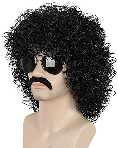 Yuehong Herren Lockige Schwarze Afro Perücke 70er 80er Rocker Disco Perücke | Hitzebeständige Synthetische Fasern Weich Langlebig Atmungsaktive Haare mit Schnurrbart