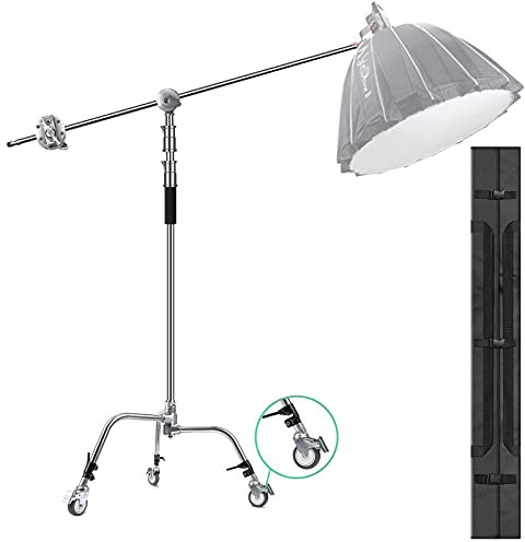 EACHSHOT C-Ständer Metall mit Bag Wheel Max 8.5ft/260cm mit 3.54ft/108cm Haltearm 2 Stück Grip Head für Godox AD400 Pro AD600 Pro AD600BM Aputure 120D 300D II für Fotostudio Video Monolight