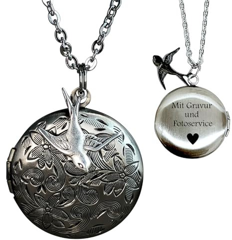 MadamLili - Personalisierte Halskette Foto Medaillon Anhänger Set Fotoservice - Personalisierbar mit GRAVUR - 70cm Kette in Altsilber - Namenskette - Aufklappbar - Handgefertigt - Exklusive Schmuckbox