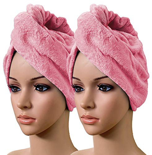 Uppsättning av 2 hårurban rosa turban handduk med knapp fleece handduk huvudhandduk för alla hårlängder