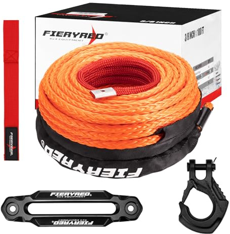 FIERYRED Synthetic Winch Rope 3/8 Inch 100FT - 23809Ibs Winch Line Cable Rope with Winch Hook Fairleads for 4WD Off Road Vehicle ATV UTV SUV SUV Trucks