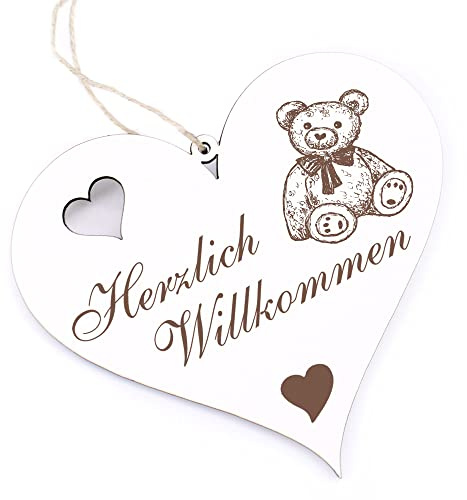 Herzlich Willkommen Schild - niedlicher Teddy - Deko Herz Holz Willkommensschild Türschild Dekoschild Türdeko