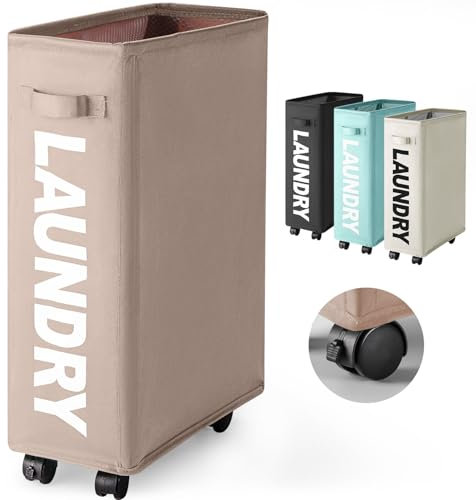 Rieeyrslza Cesto della Biancheria 43L Portabiancheria Pieghevole con Rotelle Sottile Sacchi da Biancheria Ceste per la Biancheria di Oxford per il Bagno (Kaki)