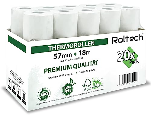 ROLTECH | 20 Thermorollen | 57mm x 18m x 12mm | mit SEPA-Lastschrifttext | BPA frei | EC Cash | Kassenrollen | Thermopapier | Bonrollen | Premium Qualität (20 Rollen)