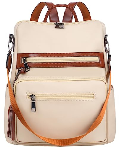 ECOTISH Sac à Dos Femmes en PU Cuir Sac a Dos Sacs D'école Elegant Voyage Grand Sac à Bandoulière Pour Dames Avec Gland (beige)