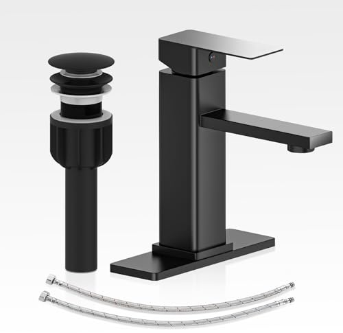 Casavilla Bathroom Faucet Set with Pop Up Drain, Single Handle Black Bathroom Sink Faucet with Deck Plate, Farmhouse RV Vanity Faucets for Sink (1 Hole or 3 Holes)