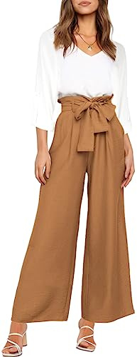 FANCYINN Frauen 2 Stück Casual Trainingsanzug Sommer Langarm Tank Top Hose mit hoher Taille Khaki-Hose & Weiße Bluse M