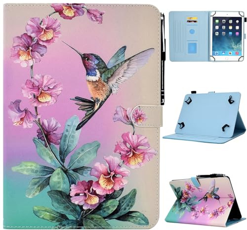 KEROM Universal 10 Inch Tablet Case, Universal 10.1 Inch Tablet Case, Cute PU Leather Folio Stand Protective Cover for 9.5-10.5 Inch Tablets, Hummingbird