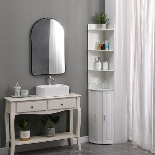 6-Tier Corner Display Cabinet, Tall Bathroom Cupboard, Free Standing Triangle Storage Cabinet with 2 Doors for Living Room Kitchen, 180cm Corner Bookcase with Open Shelves for Home Office, White