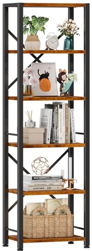 Furologee 6 Tier Tall Bookshelf, Industrial Narrow Bookcase, Display Standing Shelf Units, Metal and Wood Storage Rack Organizer for Living Room, Home Office, Entryway, Kitchen, Rustic Brown