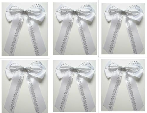CaPiSo Große Fertigschleife 20x30cm Herzschleife Geschenkschleife goldene Herzen Satinschleife Satin Stoffschleife Autoschleife Hochzeit (Herz Silber, 6 Stück)