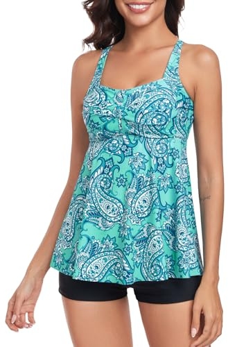 FLYILY Dam 2 delar tankini-set tvinnad framsida tankini-topp med pojkshorts magkontroll badkläder blommig baddräkt, Grönt tryck, L