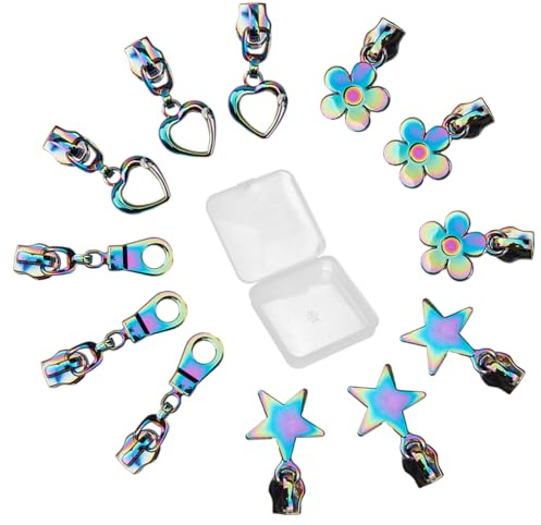 GORGECRAFT 12Stk 4 Stile Nr. 5 Regenbogen-Reißverschluss Stern Blume Herz Tropfenform Reißverschlussschieber Zugkopf Ersatz Metall-Reißverschluss Für Mäntel Jacken Geldbörsen Verschlüsse Charms