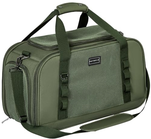 Petsfit Transportbox Katze Flugzeug Transporttasche Katze Hund mit Decke Hundetasche stabil & atmungsaktiv, hochwertige Matertial mit Trolley-Hülse Olivgrün(49x23x28 cm)