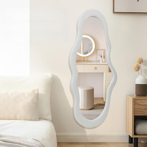 BST FURNH Kleiner Wolken-Spiegel Weiß – Exklusiver Ganzkörperspiegel mit Samt-Rahmen (112x54cm) – Designer Wandspiegel für Schlafzimmer, Bad & Wohnzimmer – Soft-Touch Wellenspiegel