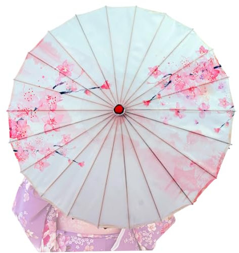 BEAHING Japanese Umbrella, Cherry Peach Blossom Classical Oiled Paper Umbrella for Women Chinese Art Silk Traditional Asian Bamboo Parasol for Han Costumes, 32 In, Japanese Parasol