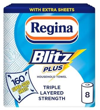 Regina Blitz Plus Household Towel – 8 Rolls per Pack, 80 Sheets Per Roll, 3 Ply, Triple Layered Strength, Household Paper Towels Made with Virgin Pulp, Paper Packaging, FSC Certified