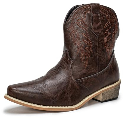 Halfword Women's Western Cowboy Boots Cowgirl Boots Classic Pointed Toe Chunky Heel Mid Calf Ankle Boots Brown UK 6.5