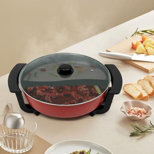 1360W Elektrischer Hot Pot, Grillpfanne und Multifunktions-Pfanne, Elektrischer Kochtopf,Kochtopf mit Teiler, 1-5 Personen Antihaft-abnehmbarer Topf, Chinesischer Kochtopf mit Glasdeckel