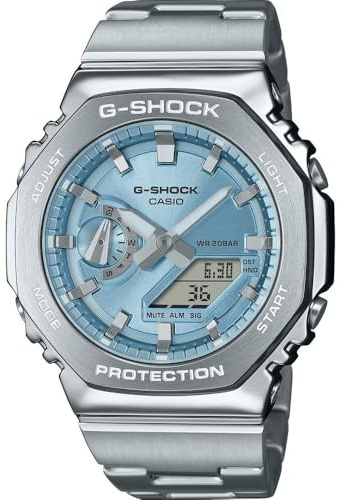 Casio G-Steel GM-2110D-2AER Herrenuhr Analog-Digital Quarz mit Edelstahl-Gehäuse und Band, Stoppuhr, Weltzeit, Countdown, Alarm, Wasserdicht 20 Bar, Silber, Blau