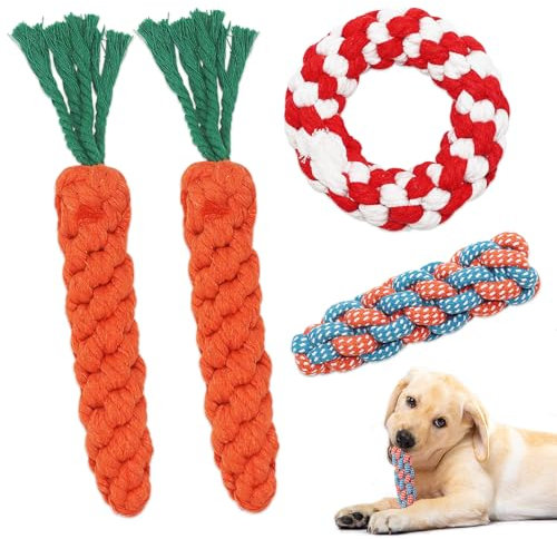Jokureao 4 Stück Hundespielzeug Karotte Set, Geflochten Seil Spielzeug Hund für Interaktives, Robustes Kauspielzeug für Welpen, Interaktives Hundespielzeug für Kleine Mittelgroße Welpen