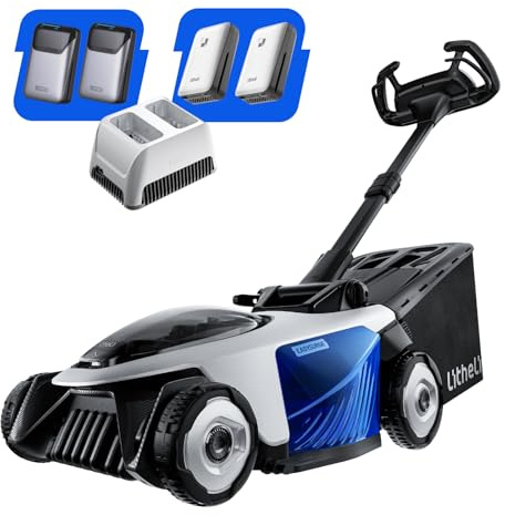Litheli Easysurge Akku Rasenmäher Selbstfahrender, 43cm Schnittbreite mit Akku und Ladegerät, bis 500 m², 50L Fangkorb, 25-75 mm Schnitthöhe, Rasenmäher Eektro inkl. 4X 20V/ 4,0 Ah Akkus