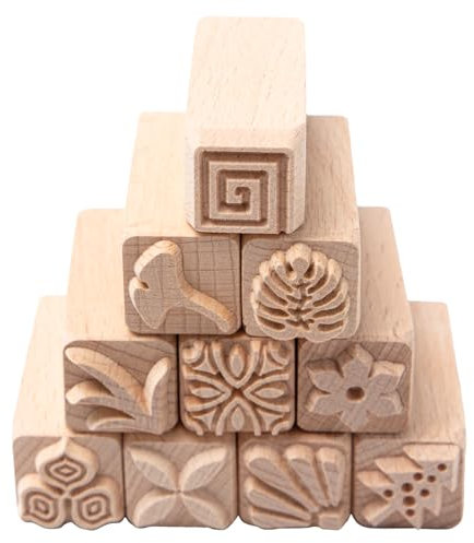 Sixfolo Töpfer Stempel Set 10 Stück Naturholz stempel für Ton und Keramik Quadratisch Töpfern Zubehör Stempels mit Verschiedenen Pflanzen Muster für DIY Ton, Keramik und Kekse(5x2x2 cm)