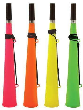 4 Neon Woofer Horns in Pink, Orange, Yellow & Green - Carnival Noise Maker or Football Festival Party Horn (1 of each colour)
