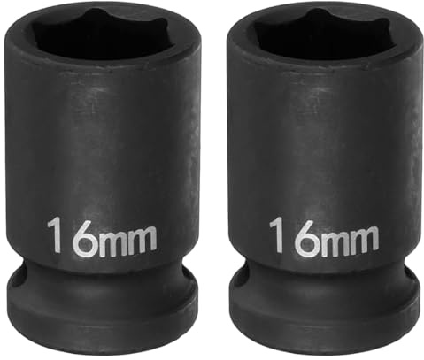sourcing map 2pcs 6 Point Impact Socket 16mm Metric Socket 1/2 Square Drive 1.5 (38mm) Long Phosphated Cr-Mo Steel Spindle Axle Hex Nut Sockets, Black