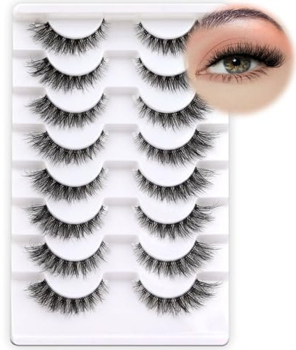 Fyonas Cat Eye Lashes Wispy False Eyelashes 5-14mm Short Fake Lashes Natural Look D Curl Strip Lashes with Clear Band 8 Pairs Soft Fluffy Lashes Pack (CT01)