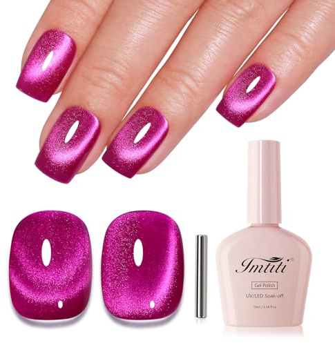 Imtiti Cat Eye Gel Nail Polish, Hot Pink Holographic Magnetic Crystal Nail Gel Polish With Magnet Glittery Galaxy Spring Summer Kit Soak Off UV Led 10ml