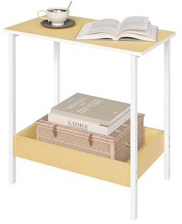 WOLTU Beistelltisch,Couchtisch mit 2 Ablagen, Konsolentisch mit Stauraum | Metall,Holzoptik,einfache montage,bis 20 kg,für Kaffee und Laptop,für Wohnzimmer,Schlafzimmer ,Büro