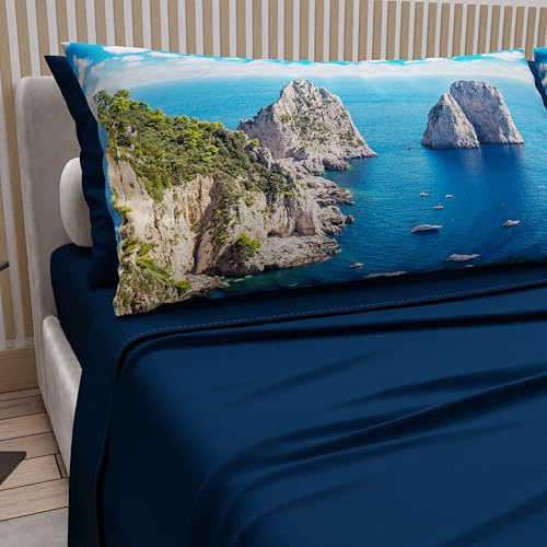 PETTI Artigiani Italiani - Lenzuola Matrimoniali Cotone con Federe in Stampa Digitale, Lenzuolo Completo Letto Matrimoniale Fantasia Capri Blu Notte, 100% Made in Italy