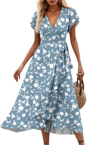 FUPODD Maxikleid Damen Sommer Boho-Kleid Blumenkleid Sommerkleid Bohemian Wickelkleider Kurzarm Midikleider Kleider Hawaii Skaterkleid Vorne Kurz Hinten Lang Volantkleider Überknielang Mit Schlitz