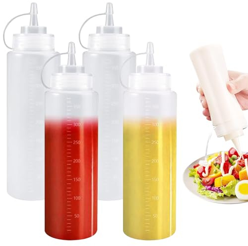 lomdung 4 Pcs Gewürz Squeeze Flaschen für Sauce, 360 ML Plastik Quetschflasche mit Kappen, BPA Frei, Kein Leck Condiment Flaschen, für Malen Backen Ketchup scharfe Soße Olivenöl Saucenflasche