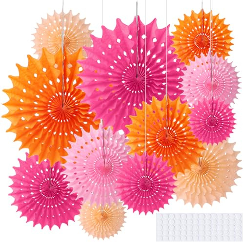 Hexizexi Juego de 12 abanicos de papel de 20 cm, 25 cm, 35 cm, 40 cm, para colgar, color naranja y rosa, para cumpleaños, bodas, graduaciones, fiestas, baby shower, fiestas