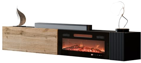 Mirjan24 TV-Lowboard Cholon EF mit Elektrokamin (Schwarz + Wotan Eiche) | Hängender TV-Schrank mit geriffelter MDF-Front und elektrischem Kamin mit Heizfunktion, Fernbedienung und LED-Flamme