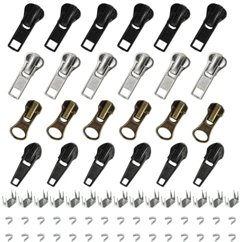 LE-stone Zipper Repair Kit 24Pcs Zip Slider Pull Replacement Kit Includes 3 Colors Metal Zippers Pull with Top and Bottom Stoppers for Clothes Jean Backpack Suitcase Wallet Handicraft (2 Sizes: #5/7)